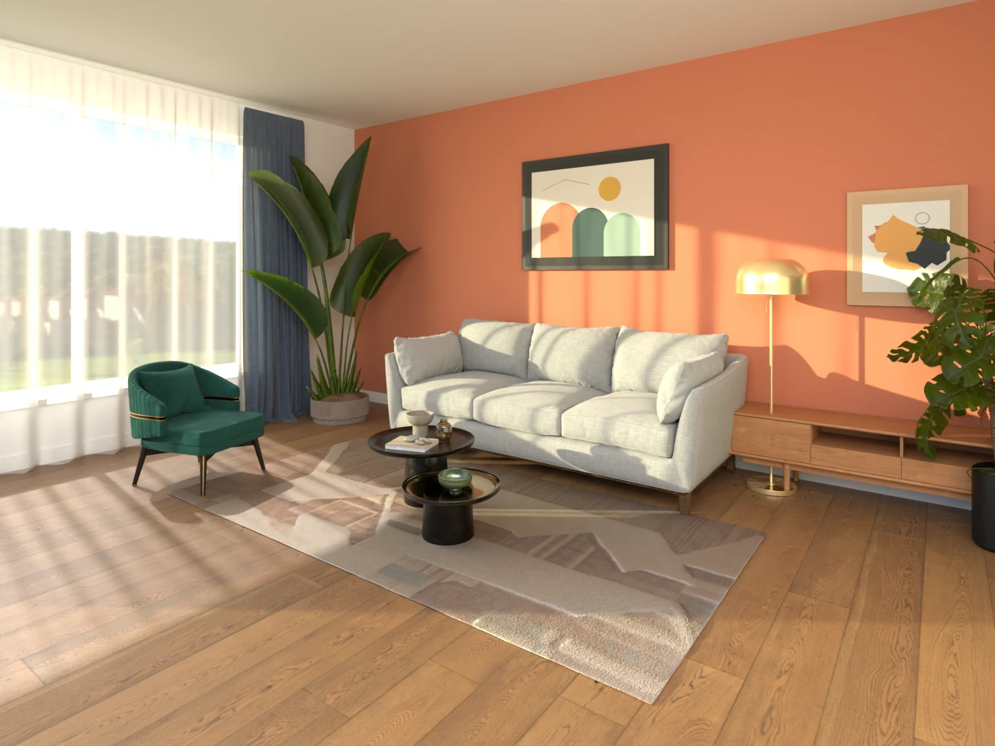3D-rendered contemporary living room